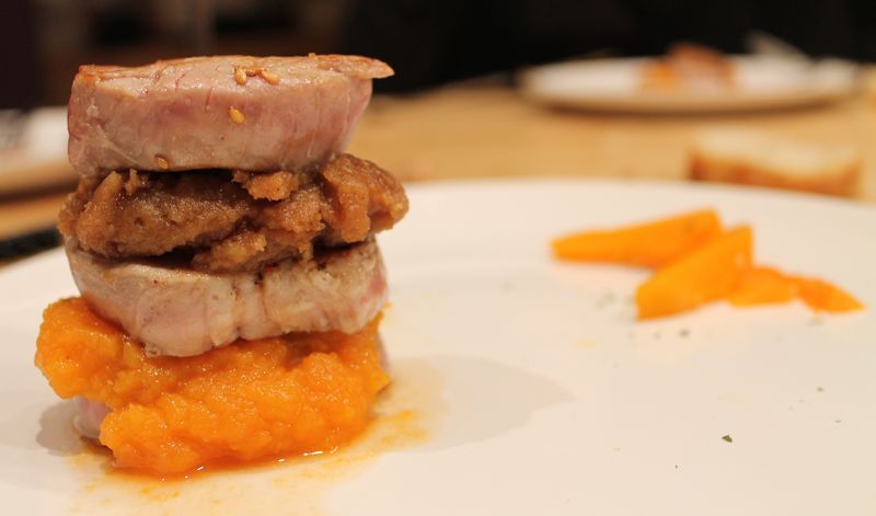 Solomillos al puré de calabaza y castaña caramelizada